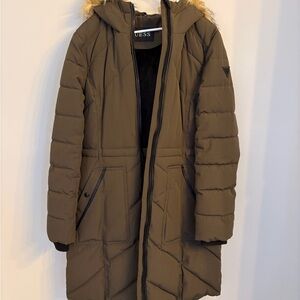Guess Olive Puffer Jacket with Faux Fur Hood